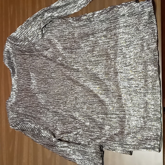 CJ Banks Silver Shimmer Blouse with Front Bottom Ruffles Size 1X - Picture 2 of 5